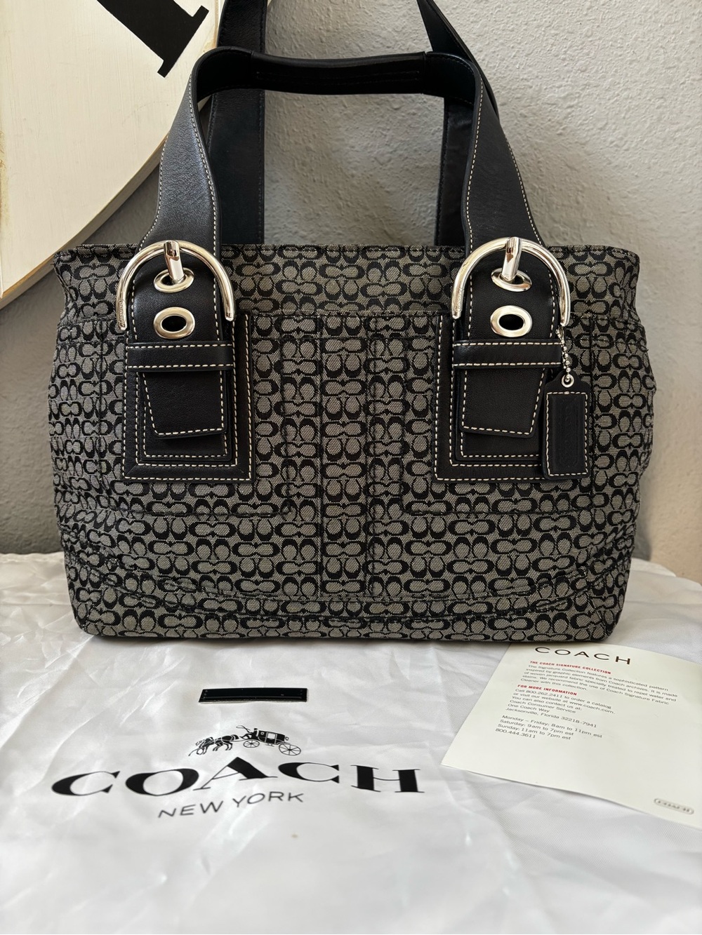 Coach Soho Signature Tote F12310 Black White Jacquard Silver Hardware